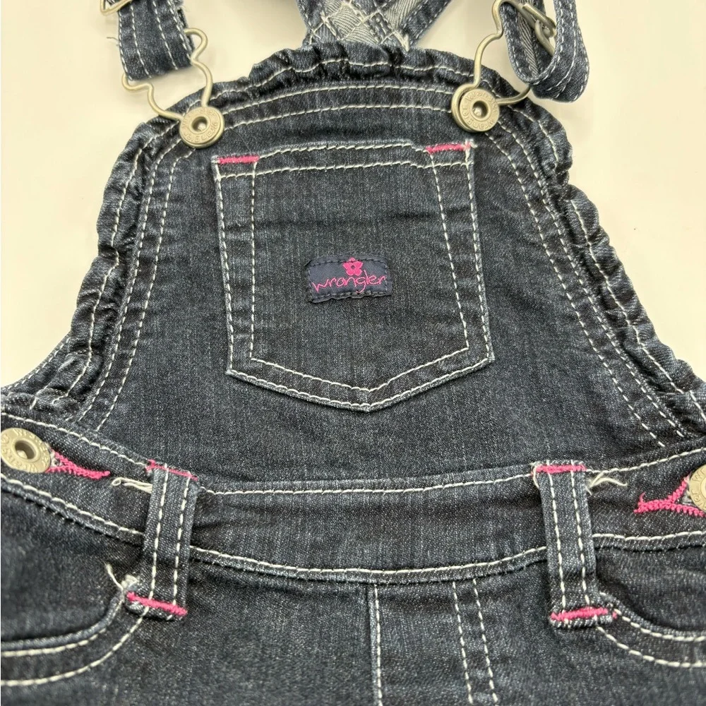 Infant girl Wrangler bib overalls hot pink stitching dark wash denim 3-6 months - Picture 4 of 7